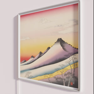 Vibrant Neon Wall Sign Depicting Serene Mountain Scene at Dusk