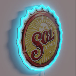 Eye-catching neon lighted bottle cap decoration for home bar decor.