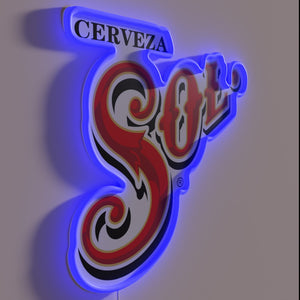 Handcrafted Sol Mexican beer logo in colorful RGB neon lighting.