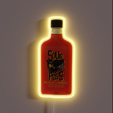 Sour Puss raspberry liqueur bottle neon sign.
