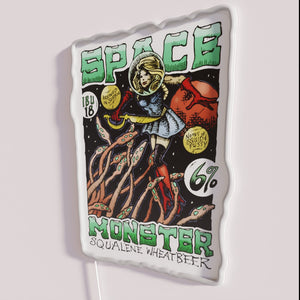 Vibrant neon LED decoration with Space Monster Squalene Wheatbeer design