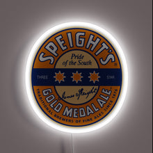 Charger l&#39;image dans la galerie, Speight&#39;s Gold Medal Ale logo with three orange stars, blue and orange circular design, and white neon glow.
