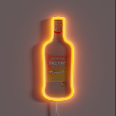 Cruzan Mango Rum bottle-shaped neon sign with orange glow.
