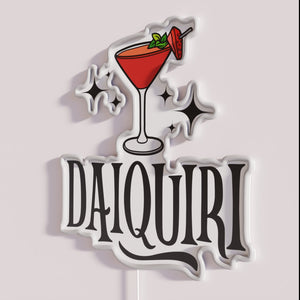 Neon bar decor with colorful strawberry daiquiri cocktail sign