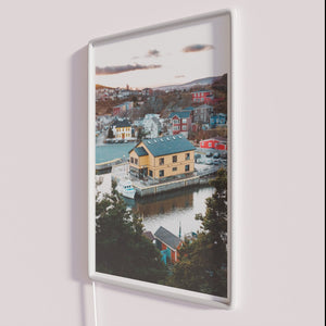 Neon Sign Art: Quidi Vidi Newfoundland Coastal Sunset Colorful Illumination Display