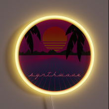 Charger l&#39;image dans la galerie, Neon-lit synthwave sunset scene with palm trees and retro gridlines — perfect for 80s vibes and chill interiors.
