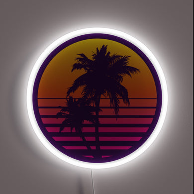 Retro palm tree silhouette set against a vibrant synthwave sunset, framed in neon — pure 80s Miami aesthetic.
