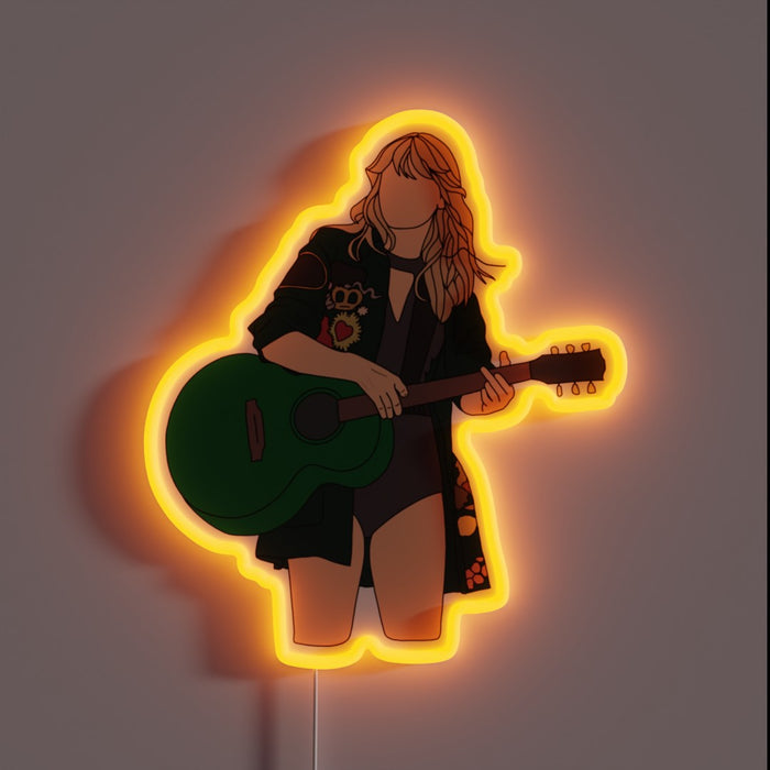 Taylor Swift neon sign with green guitar from Reputation tour, glowing orange outline.