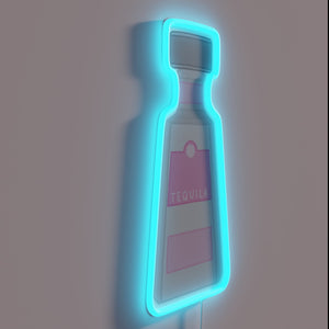Vibrant neon tequila bottle illuminated wall decoration for bar enthusiasts.