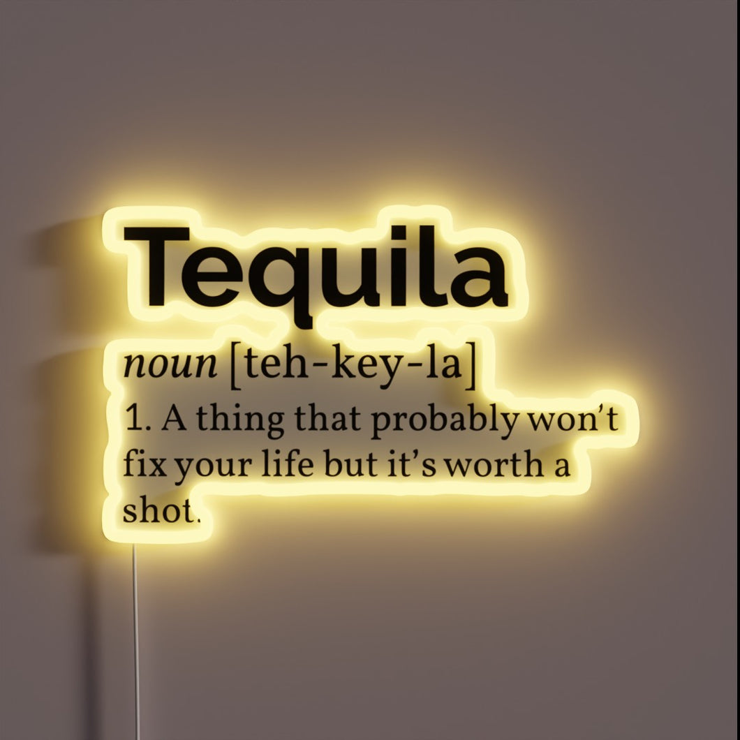 Vibrant LED sign defines tequila culture in bold, colorful style.