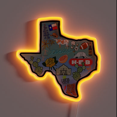 Texas pride in full glow — this neon sign captures the Lone Star State with boots, tacos, football, and that unmistakable attitude.