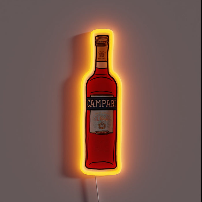 Campari bottle neon sign with orange glow.
