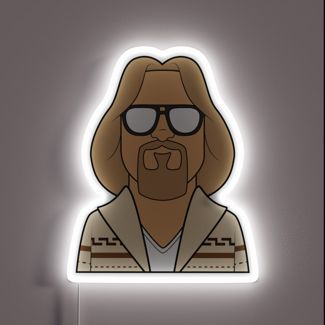 The Dude neon sign with white glow.