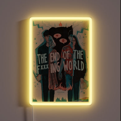 Brightly lit apocalypse warning sign with colorful f ing neon letters