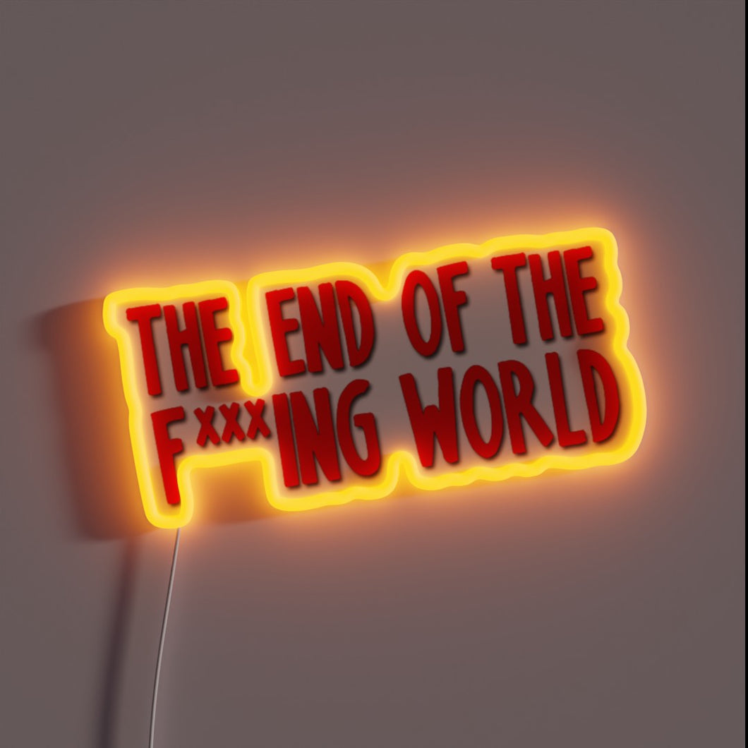 Apocalyptic humor meets neon charm in this quirky sign display.