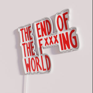 Neon apocalypse warning sign for fans of dystopian fiction and humor