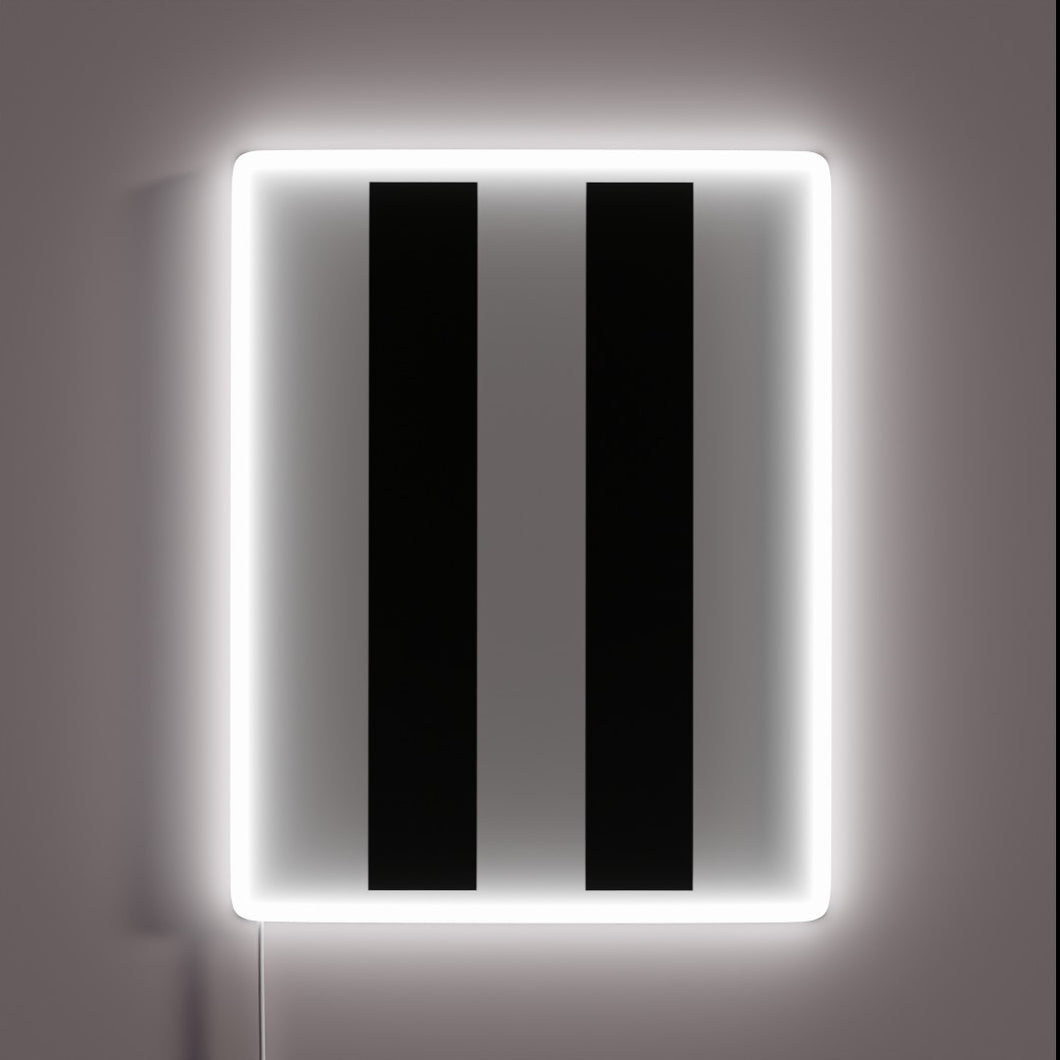 Neon sign commemorating the iconic D-Day invasion stripes in color.