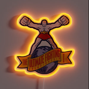 UFC 1 neon sign with fighter and globe design.
