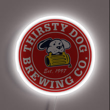 Charger l&#39;image dans la galerie, Thirsty Dog Brewing Co. neon sign with cartoon dog and beer barrel.