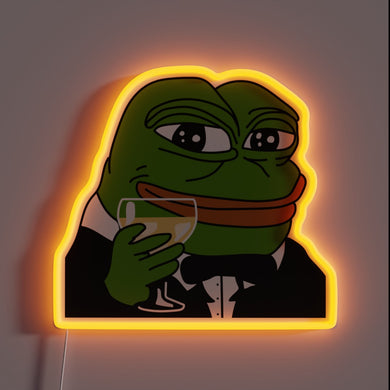 Pepe the Frog neon sign in tuxedo holding a drink.