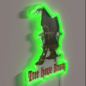 Neon sign featuring whimsical tree house design for nature enthusiasts.