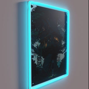 Vibrant RGB glow emanates from iconic treehouse-inspired neon sign art.