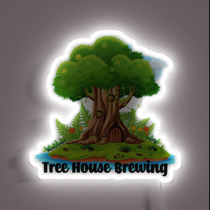 RGB Neon Sign featuring a stylized illustration of a treehouse.