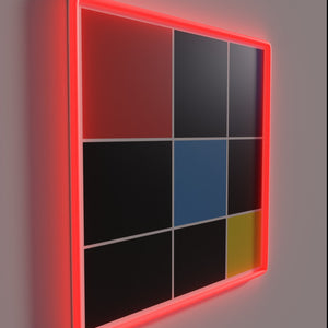 Vibrant RGB neon display showcasing intricate mathematical trinomial cube concept.