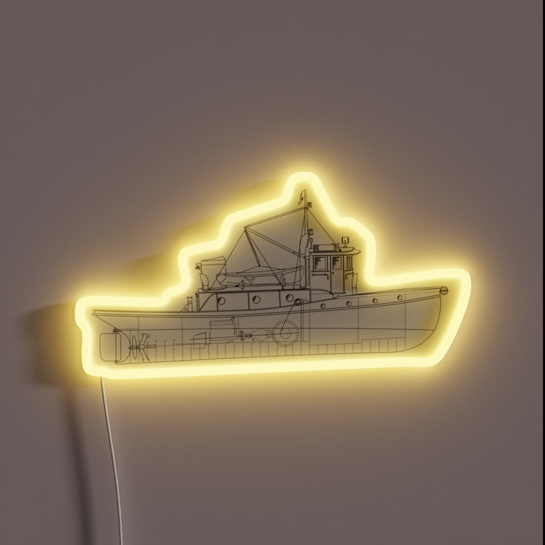 Colorful neon lighting highlights detailed plans of tugboat blueprints design