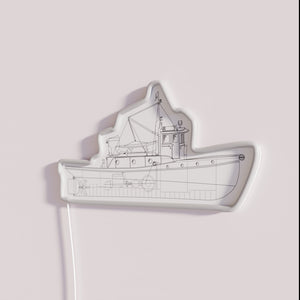 Vintage nautical tug boat plan blueprint lines illuminated neon sign art.