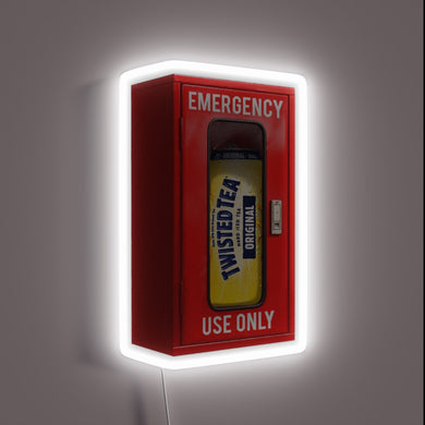 Neon bar decor with twist of emergency fire extinguisher symbol.