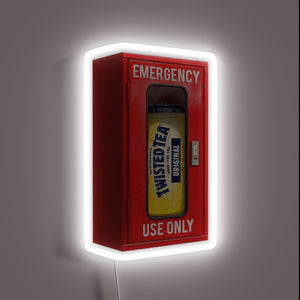 Neon bar decor with twist of emergency fire extinguisher symbol.