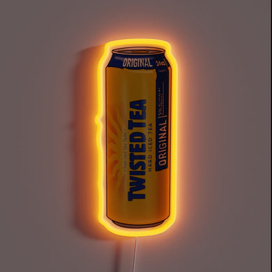 Alt text: Neon Twisted Tea tall can with orange glow, yellow body, and bold blue 