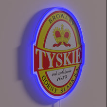 Charger l&#39;image dans la galerie, Vibrant RGB neon sign featuring Tyskie Polish beer logo prominently.