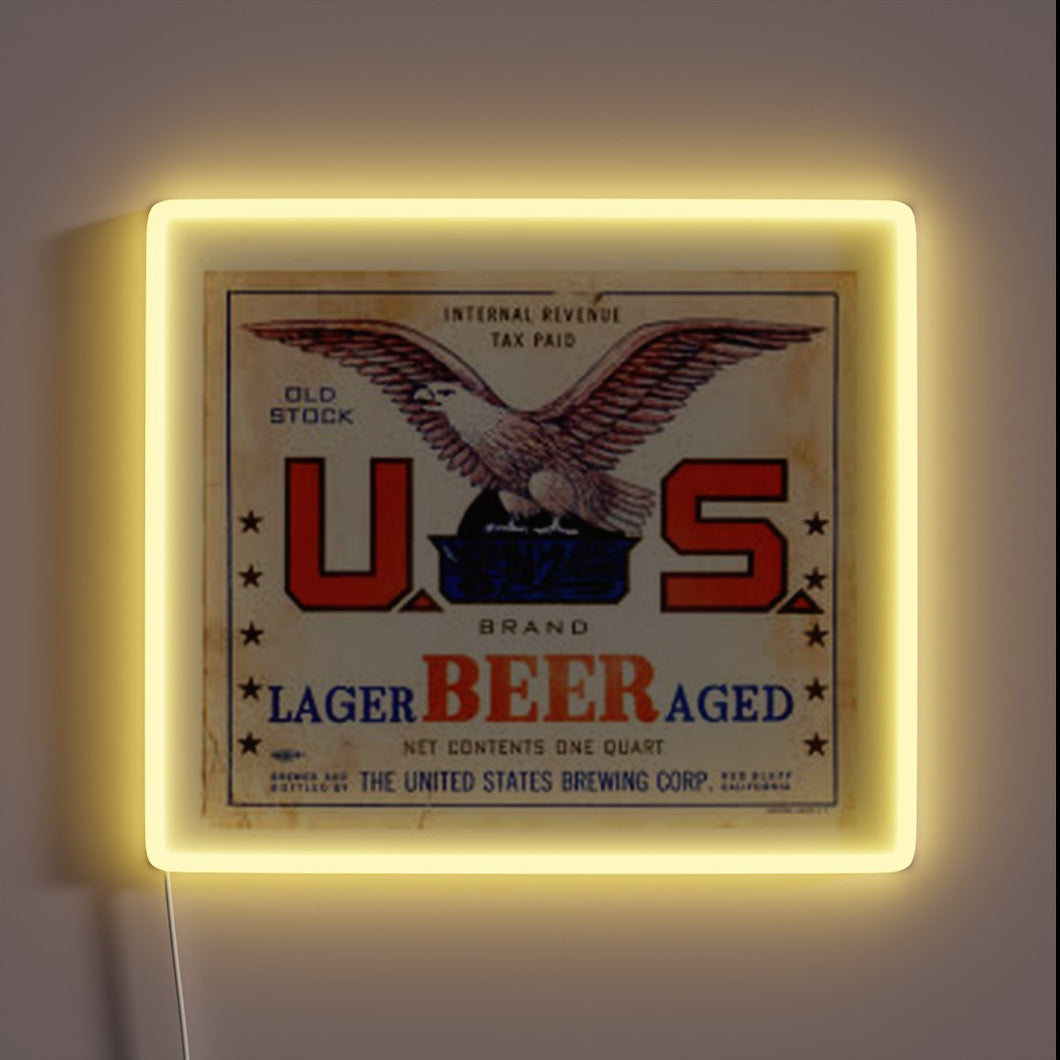Retro-Style American Lager Beer Sign in Distressed Neon Red Blue