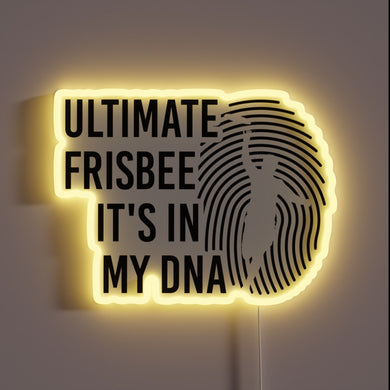Neon sign celebrating ultimate frisbee passion with humorous DNA twist