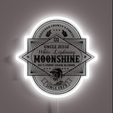 Vintage-inspired Duke Boys' moonshine still neon sign in worn colors.