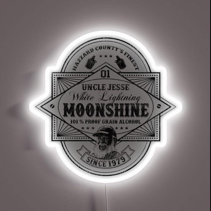 Vintage-inspired Duke Boys' moonshine still neon sign in worn colors.