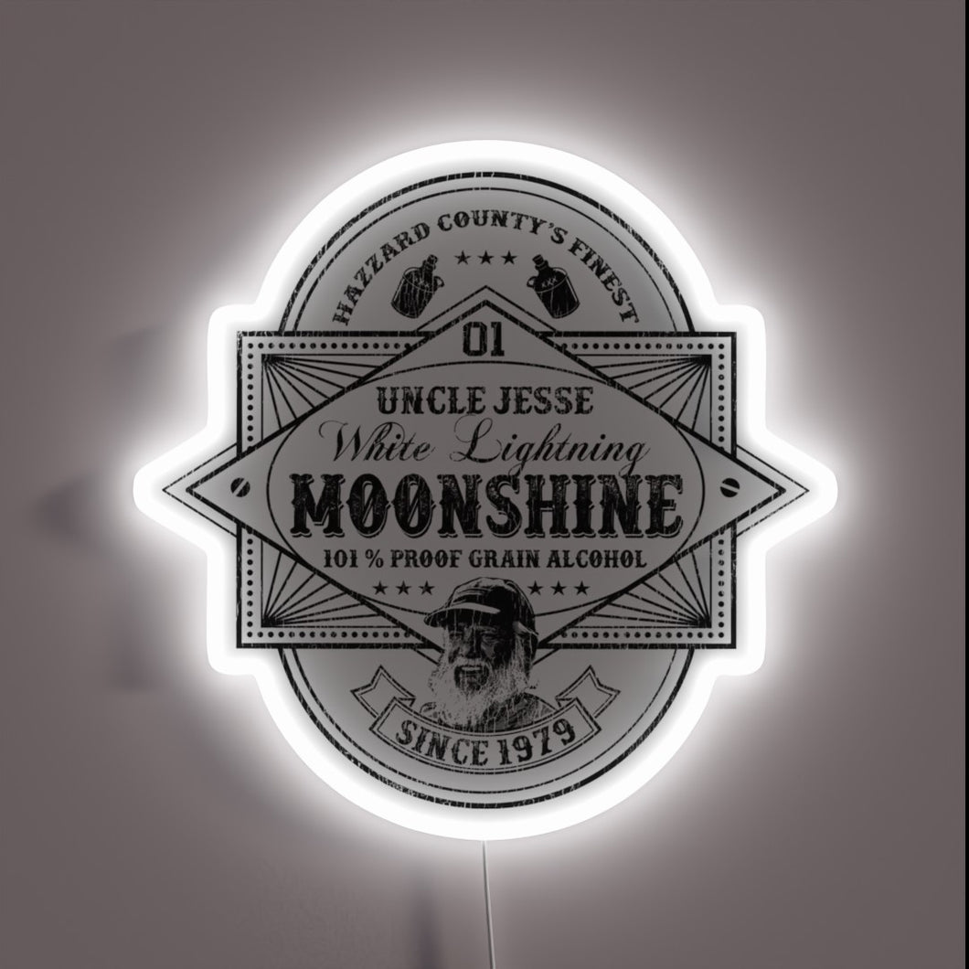Vintage-inspired Duke Boys' moonshine still neon sign in worn colors.