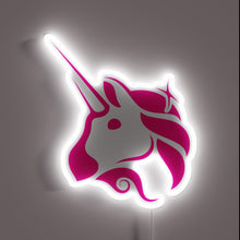 Charger l&#39;image dans la galerie, Alt text: &quot;Neon sign of a pink and white unicorn head, representing the Uniswap crypto logo, glowing with a white outline.&quot;
