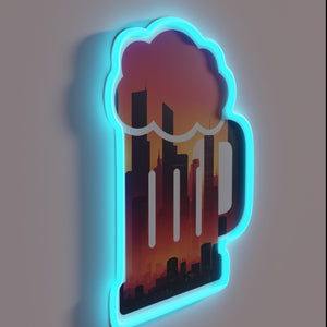 Neon cityscape art in a glowing beer mug design.