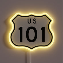 Charger l&#39;image dans la galerie, Alt text: &quot;US Route 101 highway sign outlined with a glowing yellow neon light.&quot;
