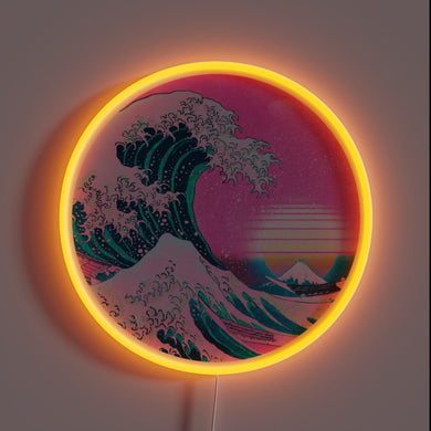 Vaporwave Great Wave neon sign with retro sunset.