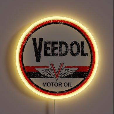 Vibrant RGB LED neon sign with colorful Veedol Oil design.