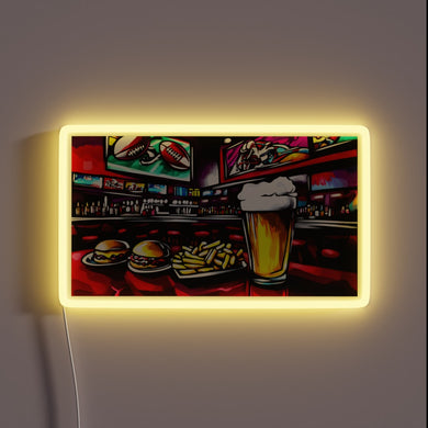 Neon sports bar decor with vibrant beer signs and food.