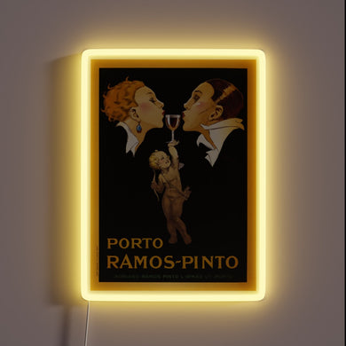 Vintage advertisement poster of Porto Ramos Pinto with glowing neon accents