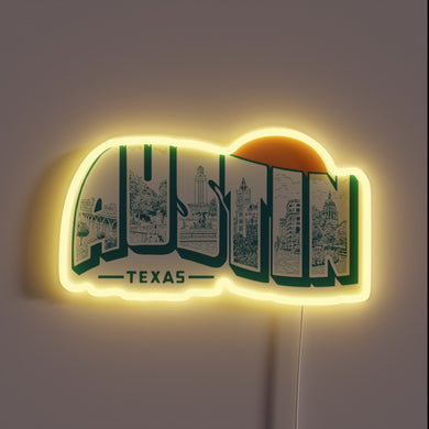 Vintage Austin Texas neon sign with cityscape.