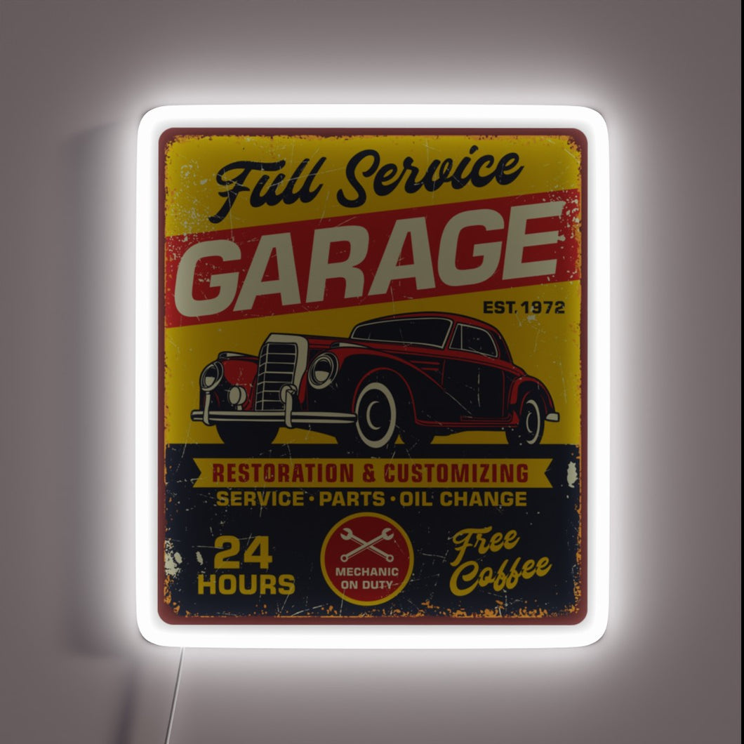 Vintage garage neon sign with classic car and retro text.