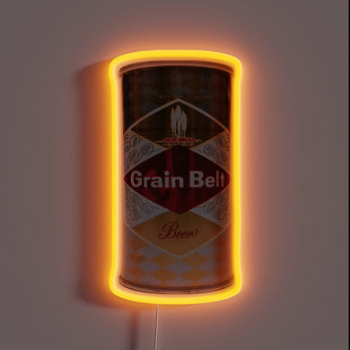 Retro grain belt beer can logo in vibrant rgb neon