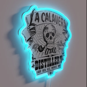 Elegant vintage-inspired Mexican distillery neon sign with colorful RGB illumination